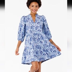 Smith & Quinn Blue Fit And Flare Swing Skirt Dress Ginger Jar Print Size Medium